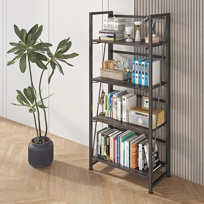 4NM No-Assembly Folding Bookshelf Storage Shelves 4 Tiers Vintage Bookcase Standing Racks Study Organizer Home Office (Gray and Black) - LeafyLoom