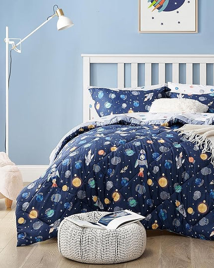 Kids Bedding Set for Boys, Twin Size 5 Pieces Space Themed Bed in a Bag, Super Soft Lightweight Microfiber Comforter Set with Sheets, Hotel Quality Durable Children Bed Set - LeafyLoom