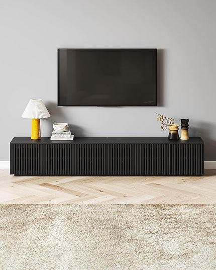 POVISON Modern Solid Wood TV Stand, Black Entertainment Center for 75+ inch TV, 95'' Media Console with Storage for Living Room Bedroom, Farmhouse Low TV Cabinet, Partial Assembly Required - LeafyLoom