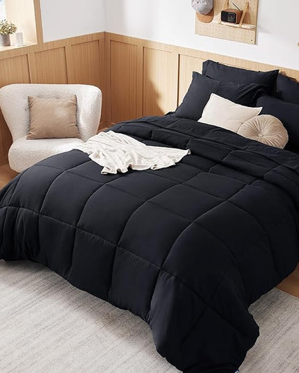 Bedsure Black Twin XL Comforter Set for Boys- 5 Pieces Solid Twin XL Bed in a Bag, Twin XL Bed Set Black with Comforters, Sheets, Pillowcase & Sham, Extra Long Twin Comforter Set - LeafyLoom