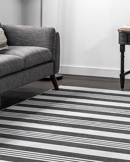 nuLOOM Lena Machine Washable Striped Ultra Thin Area Rug, 3' x 5', Grey - LeafyLoom
