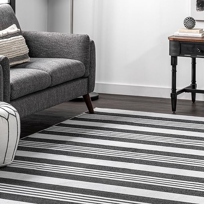 nuLOOM Lena Machine Washable Striped Ultra Thin Area Rug, 3' x 5', Grey - LeafyLoom