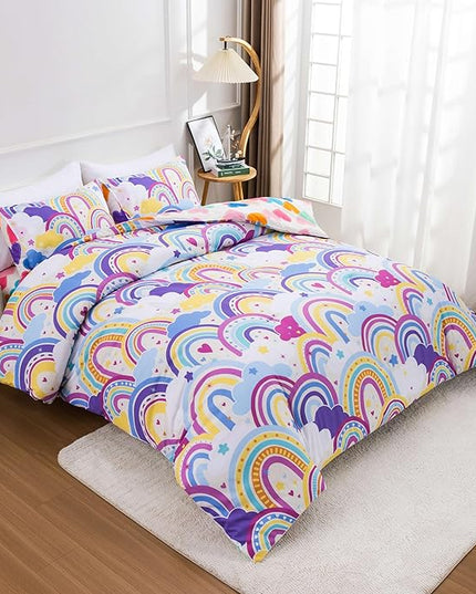 Btargot Lightweight Soft 3 Piece Rainbow Comforter Set with 2 Pillow Covers, Cartoon Love Hearts Flowers and Sun Star Bedding Set for Girls Boys Kids,Queen Light Purple - LeafyLoom