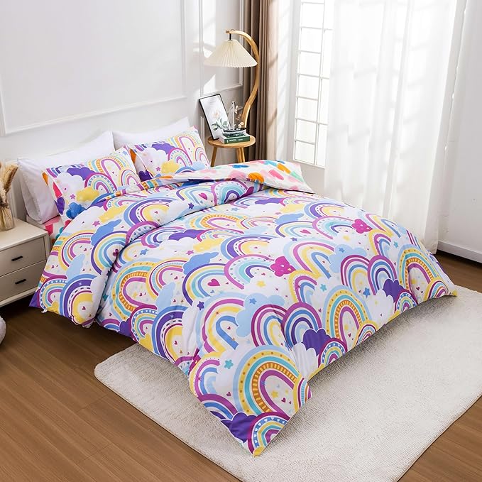 Btargot Lightweight Soft 3 Piece Rainbow Comforter Set with 2 Pillow Covers, Cartoon Love Hearts Flowers and Sun Star Bedding Set for Girls Boys Kids,Twin Light Purple - LeafyLoom