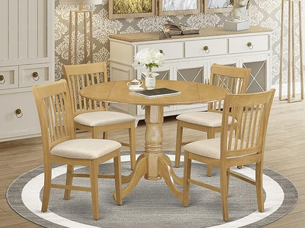 East West Furniture Dublin 5 Piece Kitchen Set Includes a Round Room Table with Dropleaf and 4 Linen Fabric Upholstered Dining Chairs, 42x42 Inch, DLNO5-OAK-C - LeafyLoom