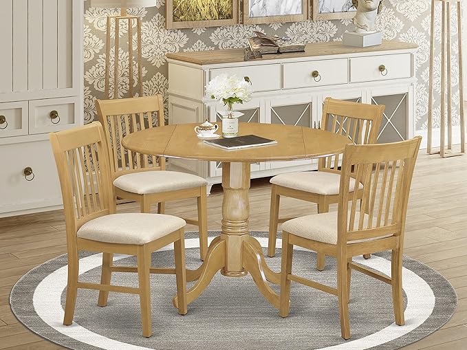 East West Furniture Dublin 5 Piece Kitchen Set Includes a Round Room Table with Dropleaf and 4 Linen Fabric Upholstered Dining Chairs, 42x42 Inch, DLNO5-OAK-C - LeafyLoom