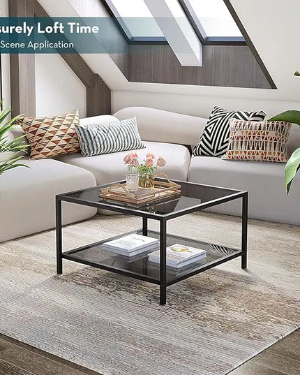 SAYGOER Modern Coffee Table Small Glass Coffee Table with Storage 2-Tier Simple Square Center Table for Living Room Home Office Sofa Table with Metal Frame 26.7 x 26.7 x 15.7 Inches, Gray Black - LeafyLoom