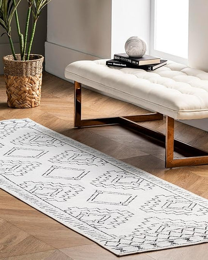 nuLOOM Noa Machine Washable Tribal Moroccan Runner Rug, 2' 6" x 8', Ivory, Rectangular, 0.1" Thick - LeafyLoom