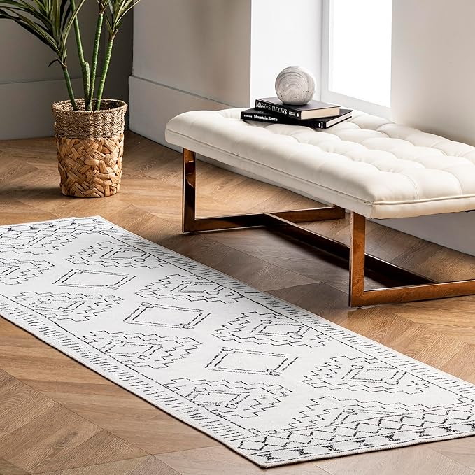 nuLOOM Noa Machine Washable Tribal Moroccan Runner Rug, 2' 6" x 8', Ivory, Rectangular, 0.1" Thick - LeafyLoom