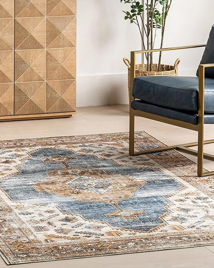 nuLOOM Gracie Distressed Medallion Machine Washable Ultra Thin Area Rug, 5x8, Blue - LeafyLoom