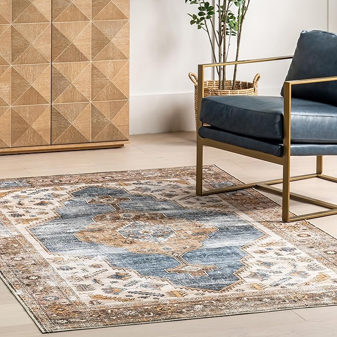 nuLOOM Gracie Distressed Medallion Machine Washable Ultra Thin Area Rug, 5x8, Blue - LeafyLoom
