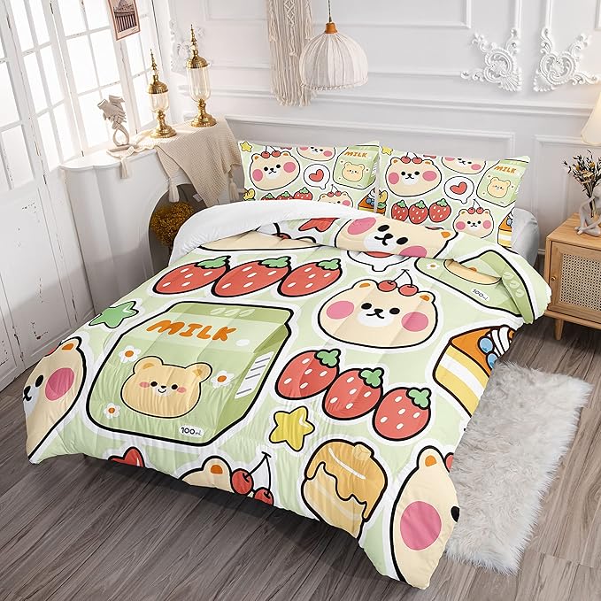 Datura home Kawaii Strawberry Bear Comforter Bedding Set for Kids Boys and Girls Teens,Cute Cartoon Fruit Print Light Green with 1 2 Pillowcases(Kawaii Full), Full 80x90inches - LeafyLoom