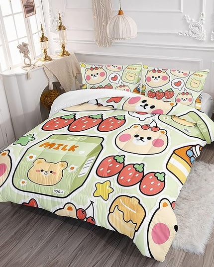 Datura home Kawaii Strawberry Bear Comforter Bedding Set for Kids Boys and Girls Teens, Cute Cartoon Fruit Print Light Green with 1 2 Pillowcases(Kawaii Twin 68x86inches) - LeafyLoom