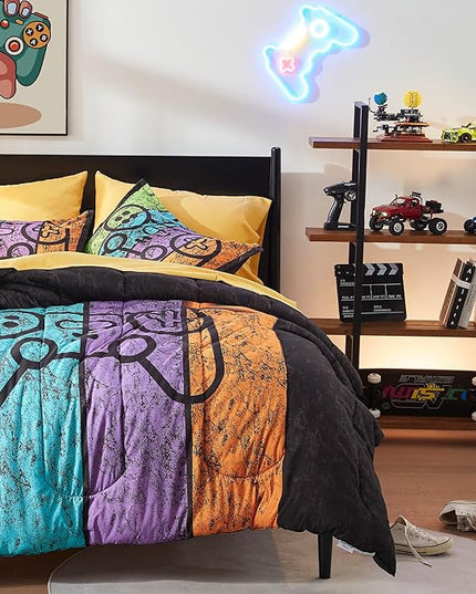 SLEEP ZONE Kids Bedding Comforter Set Full/Queen Size - Super Cute Game Bedding Set for Boys, Girls, Teens - 7 Pieces Set with Comforter, Sheet, Pillowcase & Sham (Game Night) - LeafyLoom