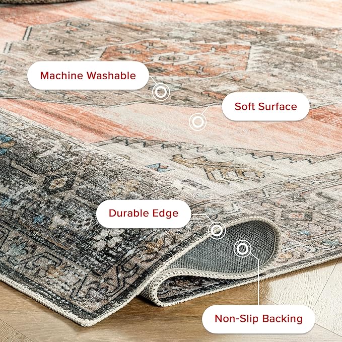 nuLOOM Gracie Distressed Medallion Machine Washable Ultra Thin Area Rug, 5x8, Peach - LeafyLoom