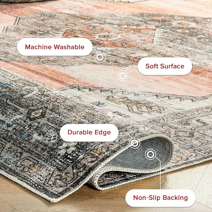 nuLOOM Gracie Distressed Medallion Machine Washable Ultra Thin Area Rug, 9x12, Peach - LeafyLoom