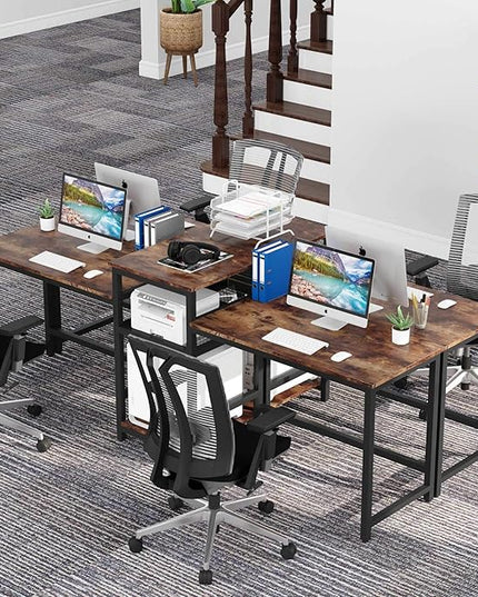 Tribesigns 96.9" Double Computer Desk with Printer Shelf, Extra Long Two Person Desk Workstation with Storage Shelves, Large Office Desk Study Writing Table for Home Office, Dark Brown - LeafyLoom