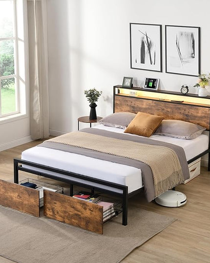 Full Size Bed Frames with 2-tier Shelves Headboard, Storage Drawers & LED Lights, LED Bed Frame w/USB Ports & Outlets, Platform Bed Metal Slats Mattress Foundation No Box Spring Needed - LeafyLoom