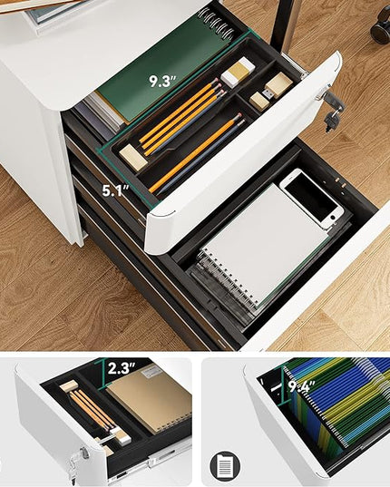 YITAHOME 3-Drawer Metal Filing Drawers with Keys, Compact Slim Portable File Pre-Built Office Storage Cabinet for A4/Letter/Legal (White) - LeafyLoom