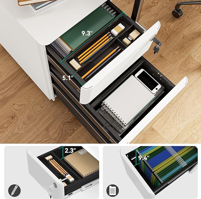 YITAHOME 3-Drawer Metal Filing Drawers with Keys, Compact Slim Portable File Pre-Built Office Storage Cabinet for A4/Letter/Legal (White) - LeafyLoom