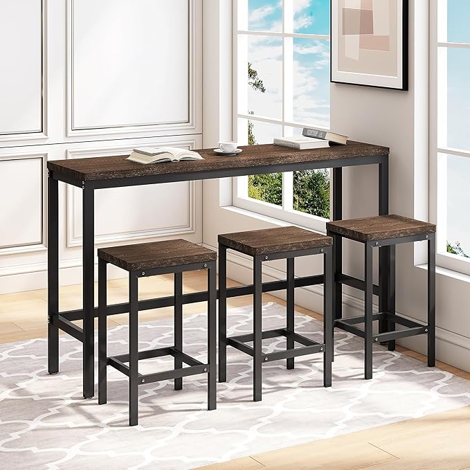 NicBex Kitchen Table Set Dining Room Table Set Modern Design Kitchen Dining Table, Pub Table, Long Dining Table Set with 3 Stools for Kitchen, Apartment, Easy Assembly, Dark Brown - LeafyLoom