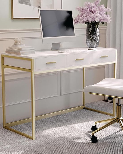 Martha Stewart Ollie Home Office Desk with 3 Drawers in White with Polished Brass Hardware - LeafyLoom