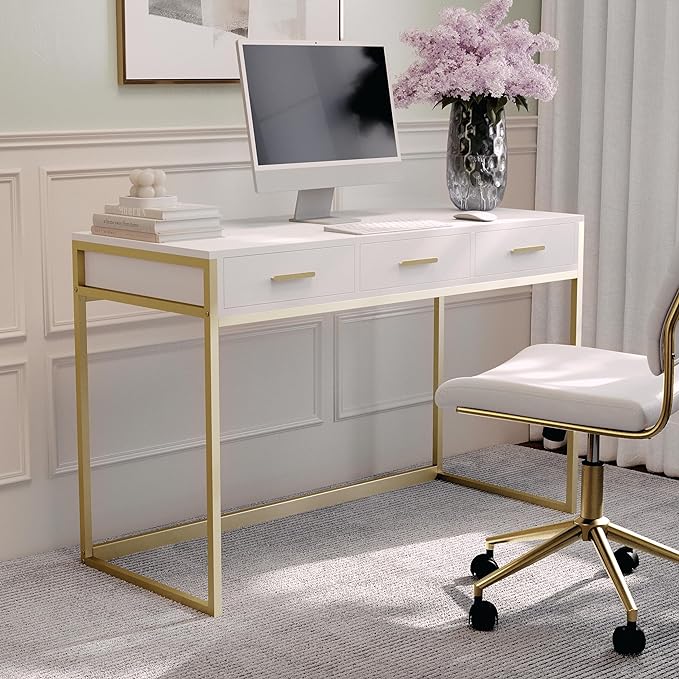Martha Stewart Ollie Home Office Desk with 3 Drawers in White with Polished Brass Hardware - LeafyLoom