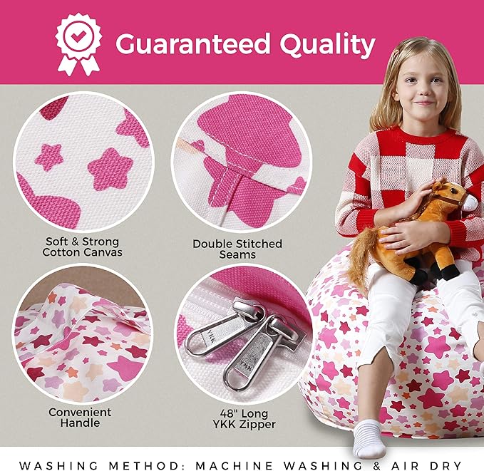 Aubliss Stuffed Animal Bean Bag Storage Chair (Pink Star, Medium (32'')) - LeafyLoom