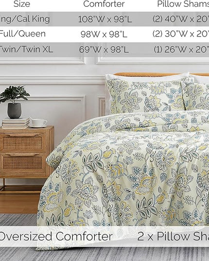 Southshore Fine Living, Inc. Wanderlust Oversized Twin Comforter Set, Down Alternative Boho Bedspread, Victorian Print Comforter, Twin or Twin XL Comforter with Matching Sham, Cream Floral Print - LeafyLoom