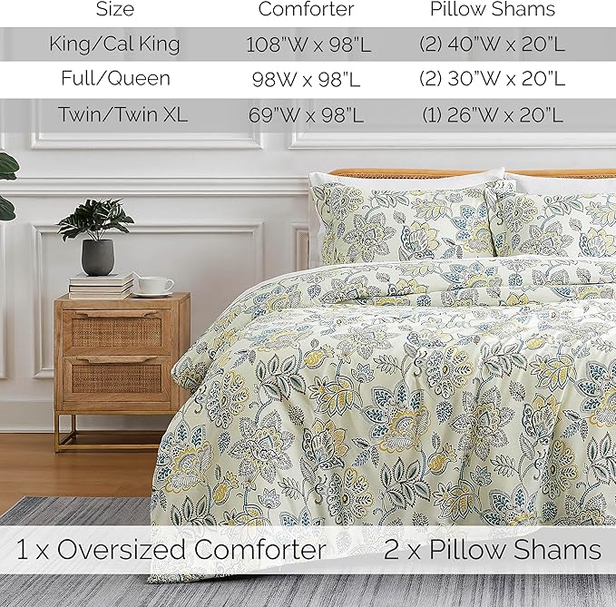 Southshore Fine Living, Inc. Wanderlust Oversized Twin Comforter Set, Down Alternative Boho Bedspread, Victorian Print Comforter, Twin or Twin XL Comforter with Matching Sham, Cream Floral Print - LeafyLoom