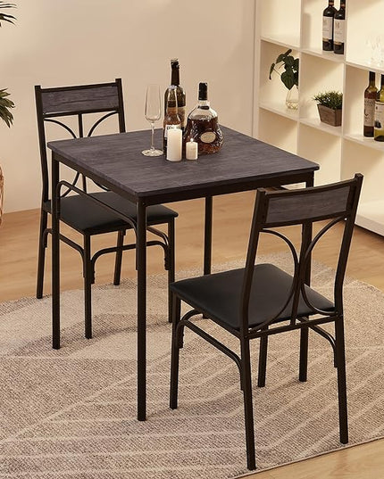 VECELO Kitchen Dining Room Table 2 Chairs for Small Space, Apartment,Metal Steel Frame, 3-Piece Set, Brown - LeafyLoom