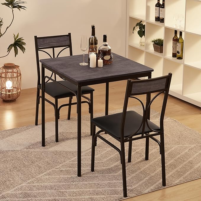 VECELO Kitchen Dining Room Table 2 Chairs for Small Space, Apartment,Metal Steel Frame, 3-Piece Set, Brown - LeafyLoom