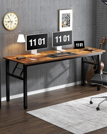 Need Large Computer Desk, 62 inches Long Office Desk, No Install Needed Folding Table Writing Table Workstation for Small Space, Rustic Brown - LeafyLoom
