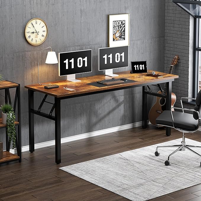 Need Large Computer Desk, 62 inches Long Office Desk, No Install Needed Folding Table Writing Table Workstation for Small Space, Rustic Brown - LeafyLoom