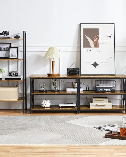 Yaheetech TV Stand with Power Outlet, Industrial TV Stand for 75 Inch TVs, Media TV Console Table with Open Storage Shelves for Living Room, Rustic Brown - LeafyLoom
