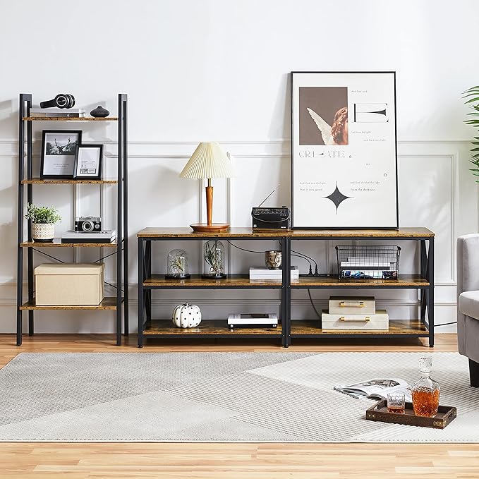 Yaheetech TV Stand with Power Outlet, Industrial TV Stand for 75 Inch TVs, Media TV Console Table with Open Storage Shelves for Living Room, Rustic Brown - LeafyLoom