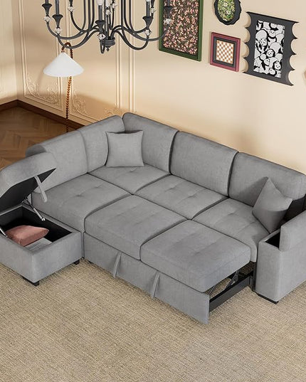 Convertible Sleeper Sectional Sofa with Pull Out Bed and Movable Ottoman, L Shaped Reversible Couch with Hidden Arm Storage & USB Charge, 4 Seat Corner Sofa&Couches for Living Room, Gray 87.4" - LeafyLoom