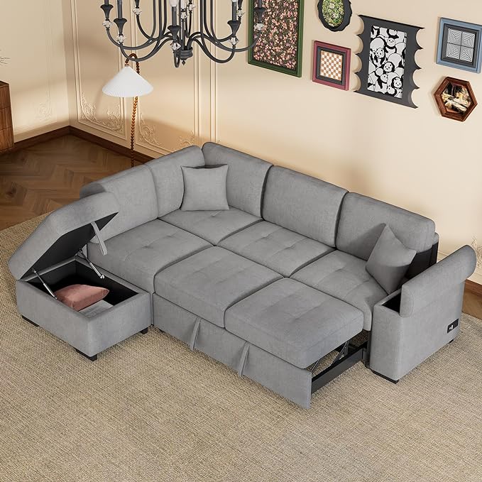 Convertible Sleeper Sectional Sofa with Pull Out Bed and Movable Ottoman, L Shaped Reversible Couch with Hidden Arm Storage & USB Charge, 4 Seat Corner Sofa&Couches for Living Room, Gray 87.4" - LeafyLoom