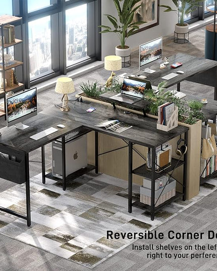 Aheaplus L Shaped Desk with Outlet and USB Charging Ports, L-Shaped Desk with Storage Shelves Reversible Corner Computer Desk 2 Person Long Table with Monitor Stand Gaming Home Office Desk, Oak - LeafyLoom