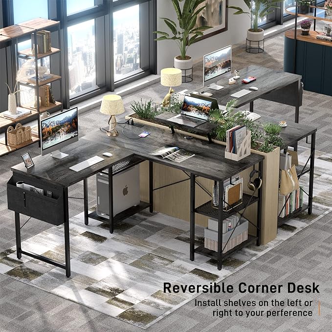 Aheaplus L Shaped Desk with Outlet and USB Charging Ports, L-Shaped Desk with Storage Shelves Reversible Corner Computer Desk 2 Person Long Table with Monitor Stand Gaming Home Office Desk, Oak - LeafyLoom
