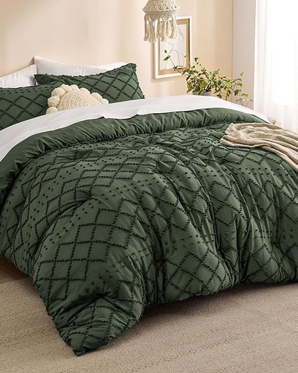 Bedsure Full Size Comforter Set - Olive Green Comforter, Boho Tufted Shabby Chic Bedding Comforter Set, 3 Pieces Farmhouse Bed Set for All Seasons, Fluffy Soft Bedding Set with 2 Pillow Shams - LeafyLoom