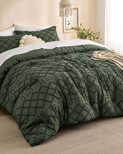 Bedsure Queen Comforter Set - Olive Green Comforter, Boho Tufted Shabby Chic Bedding Comforter Set, 3 Pieces Vintage Farmhouse Bed Set for All Seasons, Fluffy Soft Bedding Set with 2 Pillow Shams - LeafyLoom