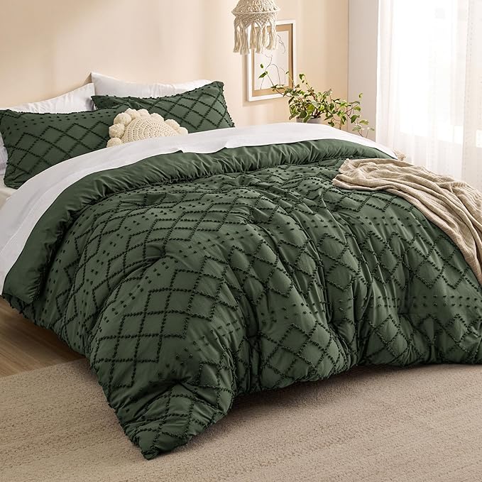 Bedsure Queen Comforter Set - Olive Green Comforter, Boho Tufted Shabby Chic Bedding Comforter Set, 3 Pieces Vintage Farmhouse Bed Set for All Seasons, Fluffy Soft Bedding Set with 2 Pillow Shams - LeafyLoom