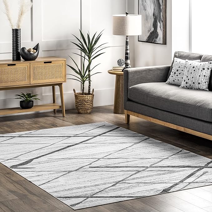 nuLOOM Trellis Stripes Machine Washable Ultra Thin Area Rug, 4' x 6', Light Grey - LeafyLoom