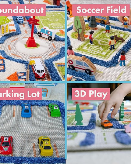 IVI Thick 3D Childrens Play Mat & Rug in A Colorful Town Design for Kids with Soccer Field, Car Park & Roads, Blue, 32 x 45 inches - LeafyLoom