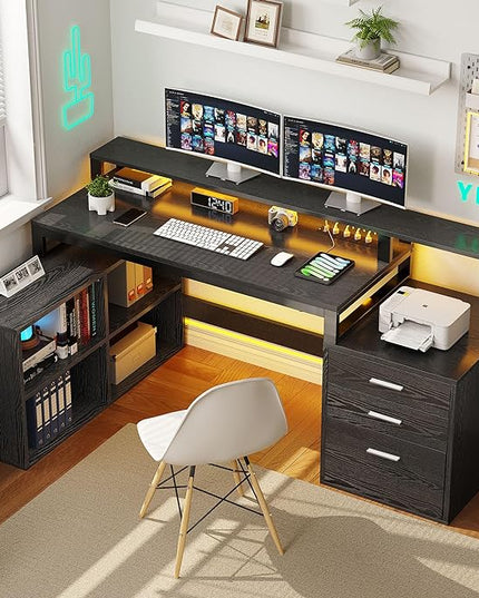 YITAHOME L Shaped Desk with 3 Drawers, 65" Corner Computer Desk with Power Outlets & LED Lights, L-Shaped Desk with File Cabinet & Printer Stand for Home Office, Black - LeafyLoom
