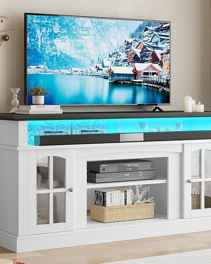 YITAHOME LED Farmhouse TV Stand for TV up to 65 Inch w/Outlets, Highboy Media Entertainment Center Console Table Adjustable Storage Shelves &Cabinet Glass Door for 400lbs for Living Room, White - LeafyLoom