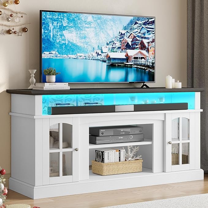 YITAHOME LED Farmhouse TV Stand for TV up to 65 Inch w/Outlets, Highboy Media Entertainment Center Console Table Adjustable Storage Shelves &Cabinet Glass Door for 400lbs for Living Room, White - LeafyLoom
