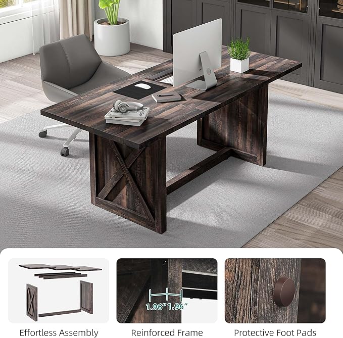 YITAHOME 6FT Conference Table Executive Desk, 70.8’’ Large Meeting Seminar Table for Office with Thicken Wood Frame, Farmhouse Rectangular Computer Desk for Home Business, Rustic Oak - LeafyLoom