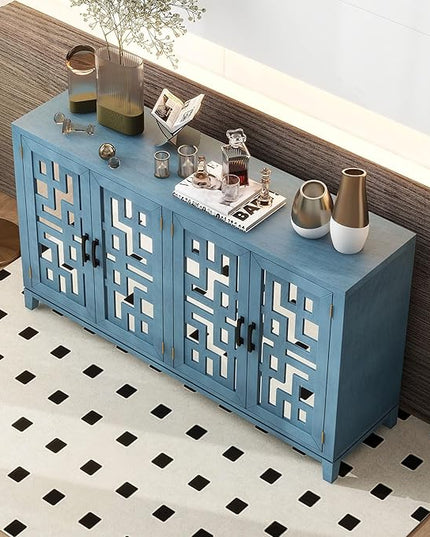 60" Retro Mirrored Buffet Sideboard with Metal Pulls,Accent Farmhouse-Style Wooden Storage Cabinet,W/ 4-Door,for Hallway,Entryway,Bedroom and Living Room,Navy - LeafyLoom